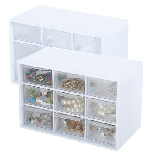 2 Stück Bastelbox Aufbewahrung mit 9 Schubladen - Mini Schubladen Organizer, 18×11.8×10 cm, zum Aufhängen, Transparente Schublade, Ideal für Bastelzubehör, Accessoires und Bürobedarf von KITDAHOM