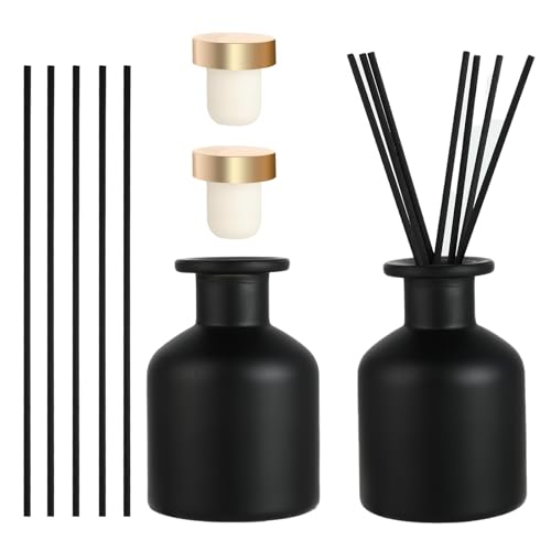2 Stück Diffusorflaschen – Glas Diffusorflaschen – Mit 12 Duftstäbchen und Verschluss – Für Raumduft und Aromatherapie – Ideal für Zuhause, Büro, DIY Ersatz (Schwarz) von KITDAHOM