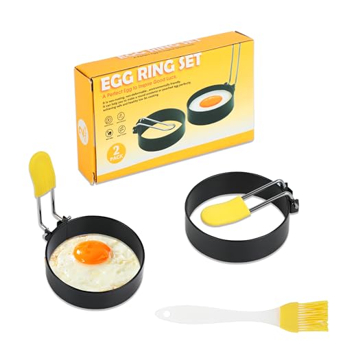 2er Set Spiegeleierformen – Spiegeleiform Edelstahl Ei Ring – Spiegeleierformen für Die Pfanne – mit Klappgriffen und Ölpinsel – ideal für Spiegeleier, Sandwiches, Hackbraten und Hamburger von KITDAHOM