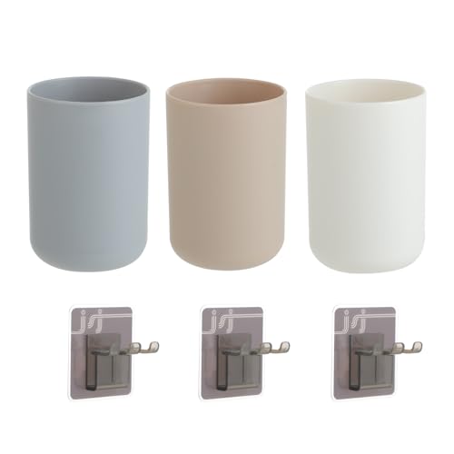 3 Stück Zahnputzbecher - Toothbrush Holder 300ml - Kunststoff in Lebensmittelqualität - Zahnbürstenaufbewahrung - Geeignet für Zahnbürsten- und Zahnpastaverwahrung (Weiß, Grau, Braun) von KITDAHOM