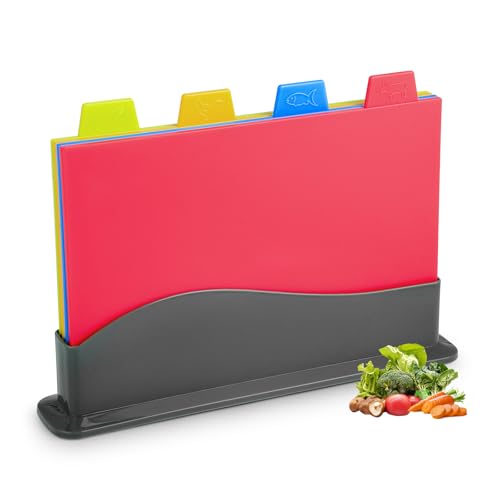 4 Stück Schneidebrett Kunststoff Set – Schneidebrett Set – Schneidebretter mit Ablageständer– Spülmaschinenfest und BPA-frei – Umkehrbare Kunststoff – 30×23.5cm von KITDAHOM