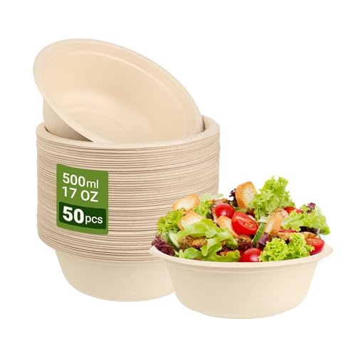 50 Stück Einweggeschirr - Einweg Suppenschalen - Partygeschirr, 500 ml / 17 oz, Hergestellt aus hochwertigem Zuckerrohr- und Weizenstrohfasermaterial, Einmalig und Abbaubar, Kühl- und Heizbeständig von KITDAHOM