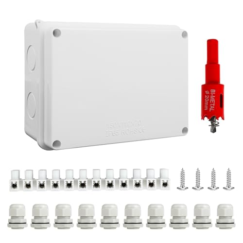 Abzweigdose Wasserdicht IP65, Aufputz-Verteilerkasten 150x110x70 mm, mit 10x M20 Kabelverschraubungen mit Dichtung, inkl. 20mm Lochsäge, für Ø6–12 mm Kabel geeignet von KITDAHOM