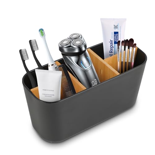 Bambus Zahnbürstenhalter - 5 Fächer Zahnbürstenständer 21 x 11 x 10 cm - Bambusmaterial - Multifunktionale elektrische Zahnbürstenhalterung - Badezimmer und Büro Organizer (Schwarz) von KITDAHOM