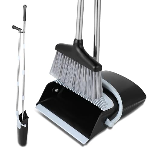 Besen und Kehrschaufel Set - Kehrschaufel mit langem Stiel 138 cm - Kunststoff und Edelstahl - Mit 8-teiliger Teleskopstange - Für Haushaltsreinigung, Büro, Terrasse (Schwarz-Weiß) von KITDAHOM