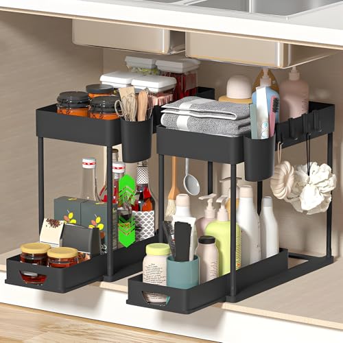 2 Stück Unter Waschbecken Regal - Badezimmer und Küchen Organizer - Schubladen Organizer mit 10 Haken - geeignet für Bad und Küche - Schwarz von KITDAHOM