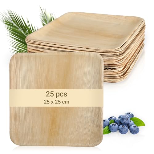 KITDAHOM 25 Stück Palmblatt Teller - Natürliche Palmblattteller 25 x 25 cm - Palmblattmaterial - Kompostierbares und stabiles Einweggeschirr für Party, Hochzeit, Grill, Picknick von KITDAHOM