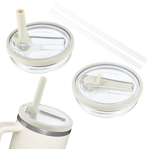 Stanley Cup Deckel Auslaufsicher – Stanley Cup Deckel 2er-Set Ersatzdeckel – auslaufsicher und staubdicht – inklusive 2 Strohhalme – kompatibel mit 40-Unzen-Bechern(Beige) von KITDAHOM