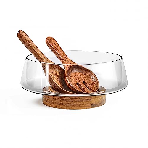 KITEISCAT Extra großes Salatschüssel-Set aus Glas – Salatschüsseln für Party mit Akazienholzboden und Salat-Servierutensilien – elegantes und praktisches Muss für die Küche von KITEISCAT