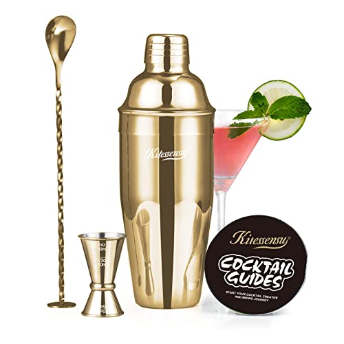 KITESSENSU Cocktail-Shaker-Set, Edelstahl-Barkeeper-Set mit 758 ml Cocktail-Shaker mit integriertem Getränkesieb, Messbecher, Rührlöffel und Rezeptanleitung für Getränke, Gold KITESSENSU Cocktail-Shaker-Set, Edelstahl-Barkeeper-Set mit 758 ml Cocktail-Shaker mit integriertem Getränkesieb, Messbecher, Rührlöffel und Rezeptanleitung für Getränke, Gold von KITESSENSU