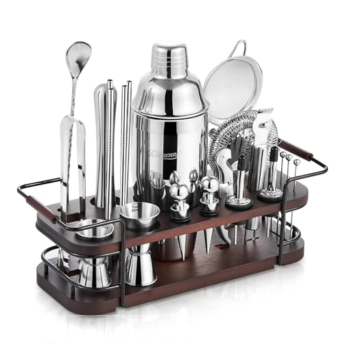 KITESSENSU Cocktail Shaker Set Barkeeper Kit mit Ständer | Komplettes 24-teiliges Bar-Set Cocktail-Kit mit allem Barzubehör: Martini Shaker, Jigger, Stößel | Getränkemixer-Set für Home Bar Cocktails von KITESSENSU