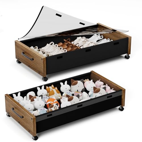 KITHELP Unterbettkommode mit Rollen, Schuhaufbewahrung unter dem Bett, Schubladen mit herausziehbarem Fenster, extra große Rollunterbettkommode, Metallschublade für Kleidung (Walnussbraun, 2er-Pack) von KITHELP