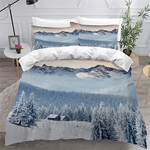 KITUNE Winterlandschaft Kinderbettwäsche 135x200 3teilig für Jungen Mädchen Wald 3D Druck Bettbezug mit Reißverschluss Winter Warm Mikrofaser Bettwäsche Set mit 2 Kissenbezüge 80x80 cm von KITUNE