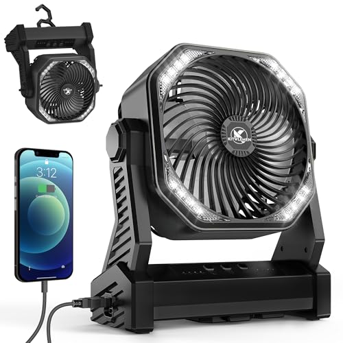 KITWLEMEN Camping Ventilator mit Laterne & Haken, 20000mAh USB Ventilator 4 Geschwindigkeiten, Tragbarer Tischventilator Camping Zubehör für Outdoor Camping Stromausfall Angeln Hurricane von KITWLEMEN