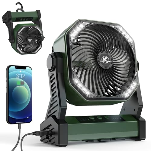 KITWLEMEN Ventilator mit Campinglampe, 20000mAh Tischventilator mit Haken, 270° Drehung, 4 Geschwindigkeiten, USB Ventilator für Camping Stromausfall Angeln Hurricane von KITWLEMEN