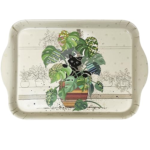 KIUB Mini-Tablett mit einer Katze – Motiv Katze Monstera versteckt in einer Pflanze – hochwertiges Melamin – Größe Mini 14 x 21 cm von KIUB