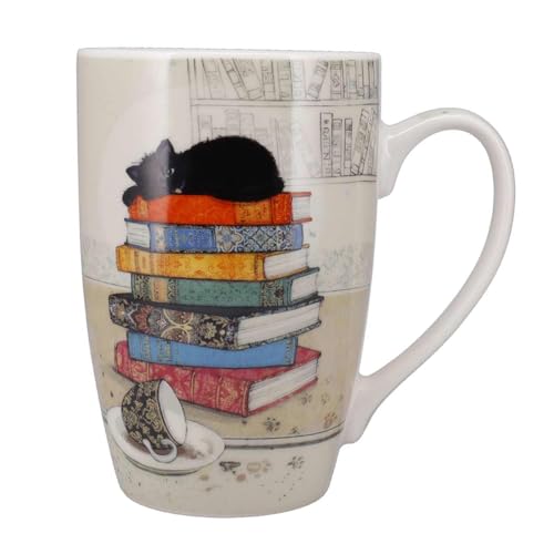 KIUB Sehr große Tasse aus Porzellan, abgerundet, Motiv Katze auf Büchern, Höhe 12 cm, Fassungsvermögen 490 ml, farblich sortiert von KIUB