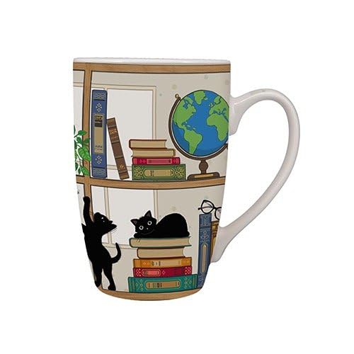 KIUB Sehr große Tasse aus Porzellan, abgerundet, Motiv Katzen, die auf den Regalen des Bücherregals spielen, Höhe 12 cm, Fassungsvermögen 490 ml, passende Box von KIUB