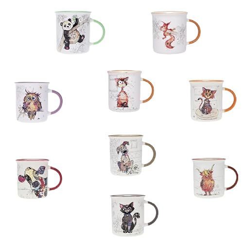 KIUB Set mit 9 Tassen mit Tieren (Katze, Hund, Eichhörnchen, Panda...) Fassungsvermögen 320 ml – Höhe 9,5 cm (3,7 Zoll) – Porzellan von KIUB
