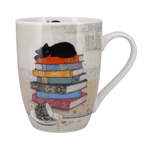 KIUB Tasse aus Porzellan, abgerundet, Motiv Katze auf Büchern, Höhe 10 cm, Fassungsvermögen 340 ml von KIUB