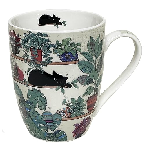 KIUB Tasse aus Porzellan, abgerundet, Motiv Katze auf einem Regal mit Pflanzen, Höhe 10 cm, Fassungsvermögen 340 ml von KIUB