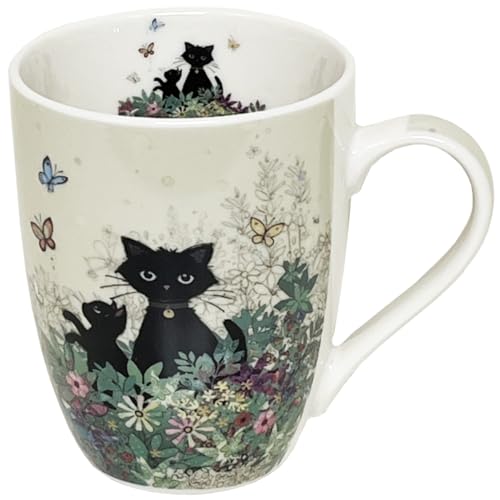 KIUB Tasse aus Porzellan, abgerundet, Motiv Katze im Garten mit Kätzchen, Höhe 10 cm, Fassungsvermögen 340 ml von KIUB