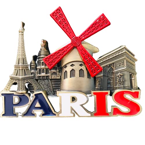 Le Moulin Tourne Magnet Paris Eiffelturm – Motiv rote Mühle mit allen anderen Monumenten aus Paris – Metall von KIUB