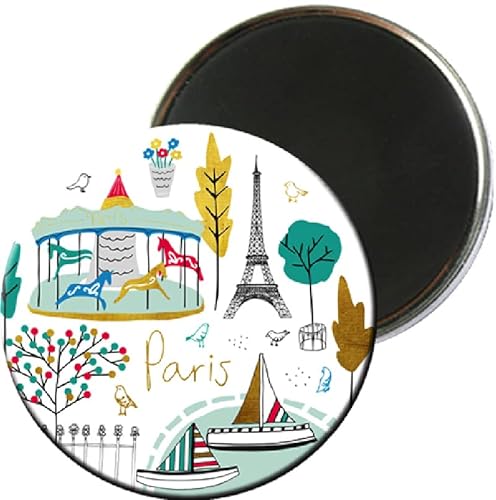 Magnet, rund, Paris, Eiffelturm, Motiv alle Symbole von Paris und einem Retro-Karussell, Maße: 5,5 cm von KIUB