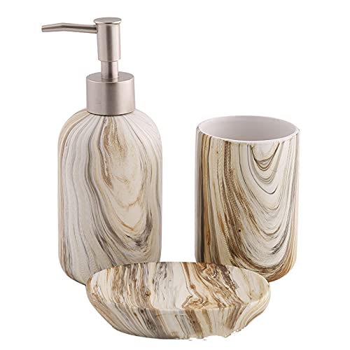 KIUGOP 3-Teiliges Badezimmer Zubehörset Keramik Badset Holz Maserung Optik Bad Accessoires Set Badzubehör Set Aus Zahnputzbecher Seifenspender Seifenschale,Beige von KIUGOP