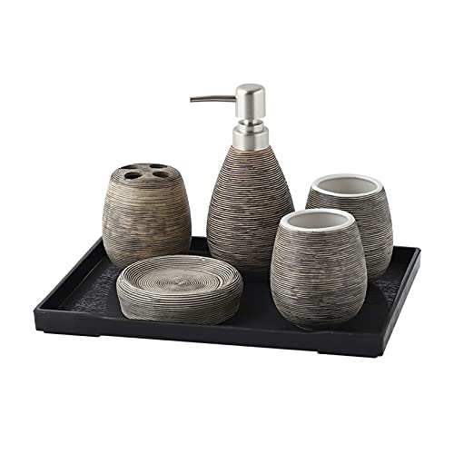 KIUGOP Bad Accessoire Set 6-Teilig Keramik Design,Badezimmer Deko Set Badezimmer Seifenspender Zahnpflege Zubehör Set Bad-Zubehör Geschenk,Grau von KIUGOP