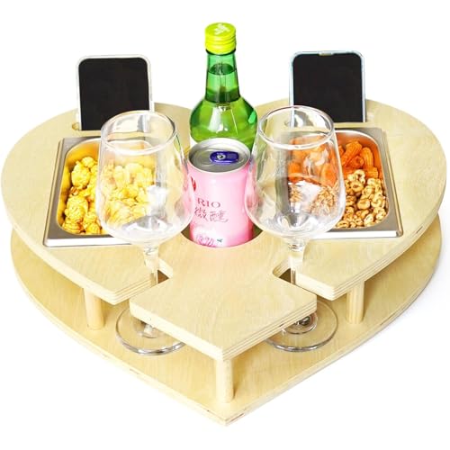 KIUGOP Herzförmiges Holz Couch Bar, Couch Butler mit 2 Flaschenhaltern und Getränkehaltern, Couchbar Snackbox mit 2 Snackschalen Aus Edelstahl, Sofa Bar mit 2 Halterungen Männer,Beige von KIUGOP