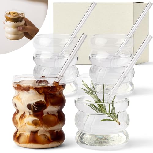 KIVY Bubble Gläser Set mit Glas Strohhalm [4x 350ml] Für Eiskaffee, Wasser & Cocktails - Longdrinkgläser Set - Eiskaffee Gläser - Kaffeegläser - Iced Coffee Glas Kaffee Gläser Set - Bubble Glas von KIVY