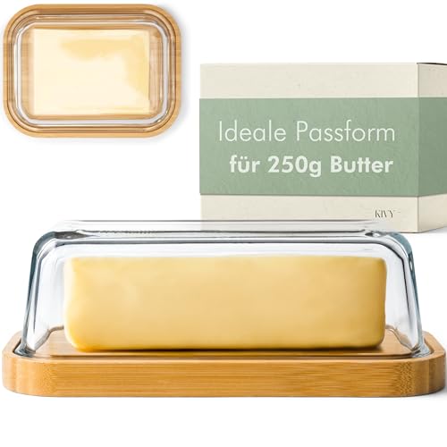 KIVY Butterdose Glas mit luftdichtem Deckel für streichzarte Butter - BPA Frei - Butterdosen - Butter dish - Butterschale mit Deckel - Butterdose mit Deckel - Butter Box Dose - Butterbox Bambus Holz von KIVY