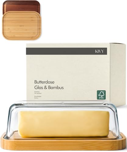 KIVY Butterdose Glas mit luftdichtem Deckel für streichzarte Butter - BPA Frei - Butterdosen - Butter dish - Butterschale mit Deckel - Butterdose mit Deckel - Butter Box Dose - Butterbox Bambus Holz von KIVY