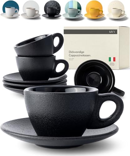 KIVY Cappuccino Tassen Set [4x 240ml] - Barista Cappuccino Tassen - Cappuccino Tassen aus dickwandigem Steingut - Tasse mit Untertasse - Cappuccino-Tassen in Handarbeit gefertigt - Spülmaschinenfest von KIVY