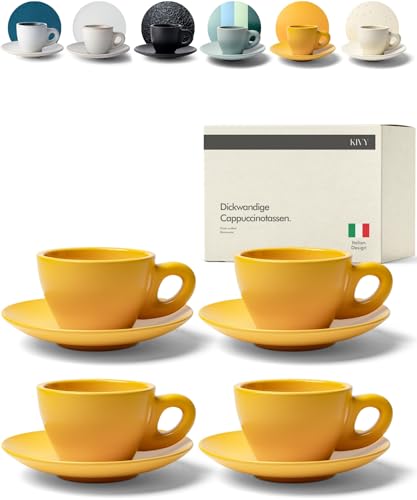 KIVY Cappuccino Tassen Set [4x 240ml] - Barista Cappuccino Tassen - Cappuccino Tassen aus dickwandigem Steingut - Tasse mit Untertasse - Cappuccino-Tassen in Handarbeit gefertigt - Gelb Orange von KIVY