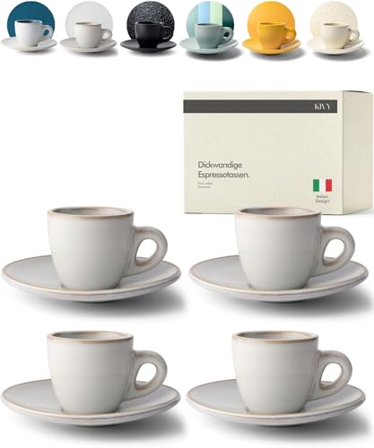 KIVY Espressotassen Set [4 x 75ml] - Handgefertigt aus dickwandigem Steingut Tasse - Espresso Tassen Set mit Untertasse - Espressotassen dickwandig italienisch - Espressotasse Beige Grau - Mokkatassen von KIVY