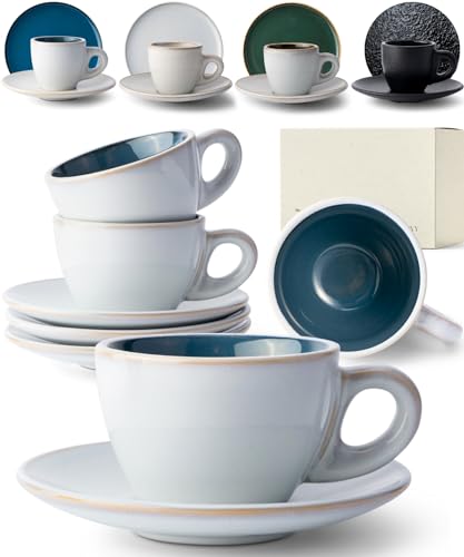 KIVY Cappuccino Tassen Dickwandig [4 x 180ml] - Handgefertigte Steingut Tasse - Kaffeetassen mit Untertassen - Cappuccinotassen Grau Blau- Milchkaffee Tassen Groß - Cappuccino Tasse mit Untertasse von KIVY