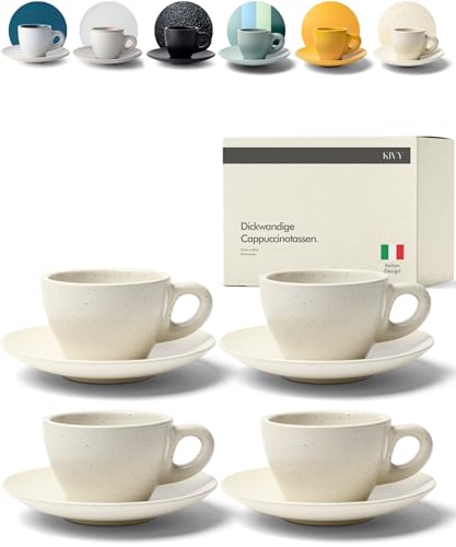 KIVY Cappuccino Tassen Set [4x 240ml] - Barista Cappuccino Tassen - Cappuccino Tassen aus dickwandigem Steingut - Tasse mit Untertasse - Cappuccino-Tassen in Handarbeit gefertigt - Spülmaschinenfest von KIVY