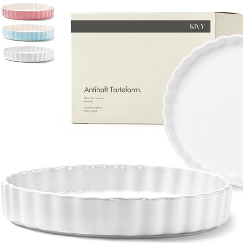 KIVY Tarte & Quicheform Keramik 28cm - Antihaftbeschichtete Tarteform 28 cm rund - Tarteform Keramik 28 cm - Tarteformen & Quicheformen - Obstbodenform 28cm - Quiche Backform Weiß von KIVY