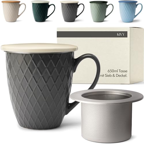 KIVY Teetasse mit Deckel und Sieb [XXL - 650ml] - Tee Geschenke für Frauen - Teebecher mit Sieb - Große Teetasse mit Siebeinsatz - XXL Tasse - Tasse Groß mit Deckel - Jumbotasse - Spülmaschinenfest von KIVY