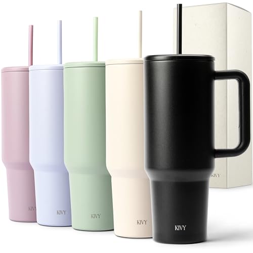 KIVY Thermobecher mit Strohhalm und Griff [24h Eiskalt] 1200ml Edelstahl Isolierbecher mit Henkel - Trinkbecher mit Deckel und Strohhalm - Tumbler Cup Modern - Tumbler Becher to go mit Strohhalm von KIVY