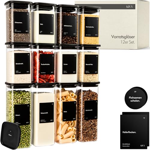 KIVY Vorratsgläser eckig [12er Set] + Etiketten - Stapelbare & Luftdichte Aufbewahrungsgläser mit Deckel - Schwarze Vorratsgläser mit Deckel Luftdicht - Vorratsdosen Glas Schwarz von KIVY