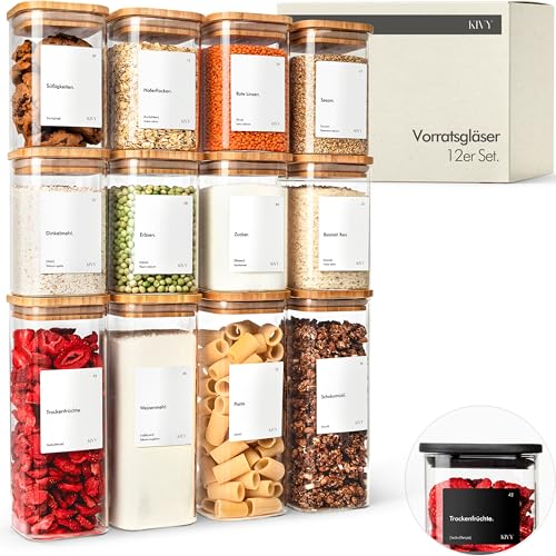KIVY Vorratsgläser eckig [12er Set] + Etiketten - Stapelbare & Luftdichte Vorratsgläser mit Deckel - Vorratsdosen mit Deckel luftdicht Glas - Eckige Aufbewahrungsgläser - Bambus von KIVY