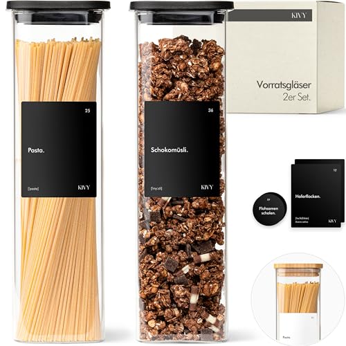 KIVY Vorratsgläser eckig [2x 1800ml] + Etiketten - Stapelbare & Luftdichte Aufbewahrungsgläser mit Deckel - Nudelgläser mit Deckel - Spaghetti Aufbewahrung Glas Groß - Nudel Gläser von KIVY