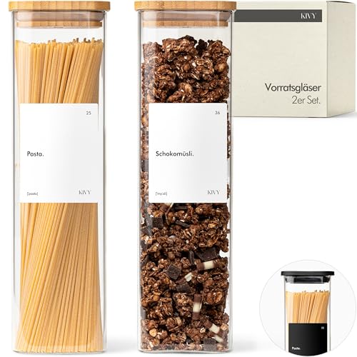 KIVY Vorratsgläser eckig [2x 1800ml] + Etiketten - Stapelbare & Luftdichte Aufbewahrungsgläser mit Deckel - Nudelgläser mit Deckel - Spaghetti Aufbewahrung Glas Groß - Nudel Gläser von KIVY