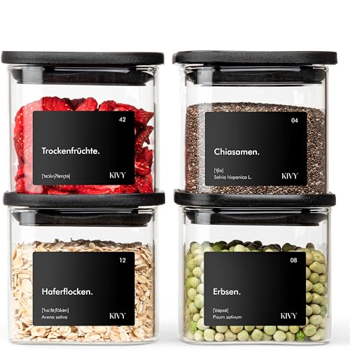 KIVY Vorratsgläser eckig [4x400ml] + Etiketten - Stapelbare & Luftdichte Aufbewahrungsgläser mit Deckel - Kleine Schwarze Vorratsgläser - Eckige Vorratsdosen mit Deckel Luftdicht Glas von KIVY
