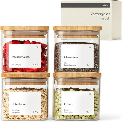 KIVY Vorratsgläser eckig [4x400ml] + Etiketten - Stapelbare & Luftdichte Aufbewahrungsgläser mit Deckel - Kleine Vorratsgläser mit Holzdeckel - Eckige Vorratsdosen mit Deckel Luftdicht Glas von KIVY