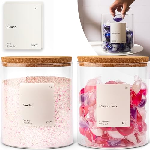 KIVY Waschmittelbox Glas mit Etiketten [2X 2000ml] Pods & Waschpulver Aufbewahrung Glas - Waschpulver Behälter für Waschpulver Aufbewahrungsbox Waschküche - Waschmittel Spender Waschraum Organizer von KIVY