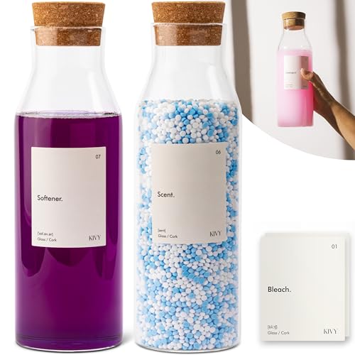 KIVY Waschmittelspender Glas mit Etiketten [2X 1200ml] Weichspüler Aufbewahrung Waschmittel Aufbewahrung Flüssig - Behälter für Waschpulver Aufbewahrungsbox Organizer - Flüssigwaschmittel Spender von KIVY